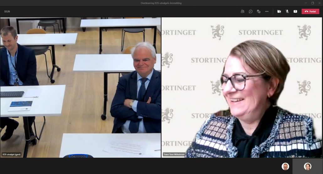 Bilde av digitalt møte mellom stortingspresident Tone Wilhelmsen Trøen og EOS-utvalgets leder Svein Grønnern.